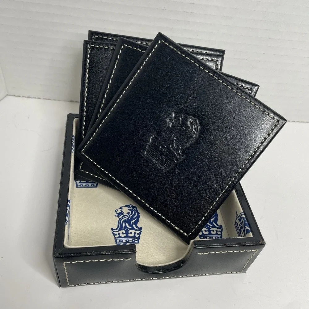 Leather Coasters Set Of 4 Barrington Stitched in box Man Cave Office Black
